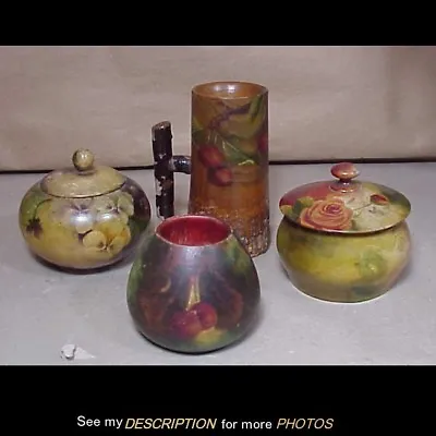 4pc Antique Folk Art Treen Mug Covered Bowls Hand Paint Decorated • $285
