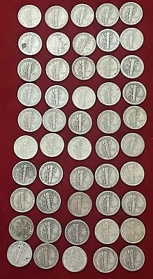 Roll Of 50 $5 Face Value 90% Silver Mercury Dimes Mixed Dates • $45.88