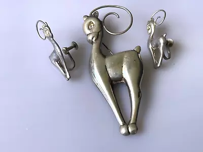 Vintage MODERNIST Mexico Silver DEER Brooch Earrings Set 15 G • $69.99