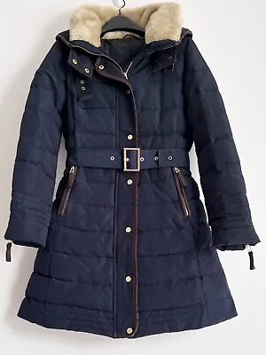 Zara Anorak Parka Down Jacket Coat Hidden Hood Fair Fur Collar Belt Blue Small • $95