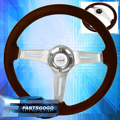 6-Bolt 345mm Dark Wood Chrome Center Deep Dish Steering Wheel Type-R Button • $64.99