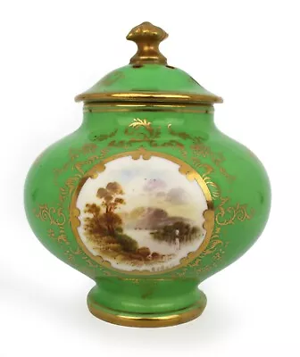 Coalport Green Ground Hand Painted Vase & Cover C.1900 • £75