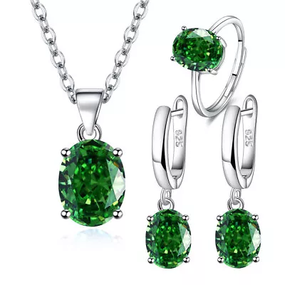 925 Sterling Silver Oval Green Crystal Necklace Earrings Ring Women Jewelry Set • $8.99