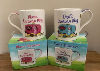 Set Of 2 Mum & Dad Caravan Fine China Mugs In Individual Gift Boxes • £10.95