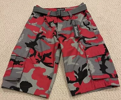 NWT Men’s Nathan Red Grey Camouflage Camo Belted Cargo Pocket Shorts ALL SIZES • $21.99