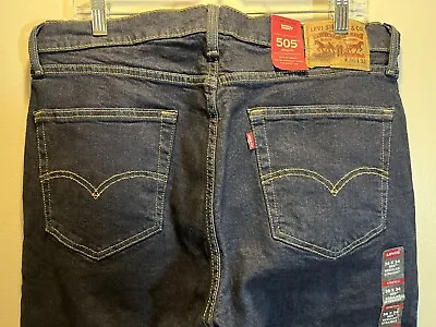 Levis 505 Men 36x34 Regular Fit Jeans Stretch Straight Leg Blue Denim Dark Wash • $33