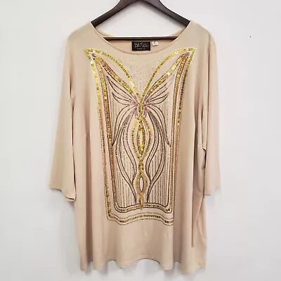 Bob Mackie Wearable Art Womens Beige Sequin Butterfly Top Size 2X NWT Round Neck • $29.88