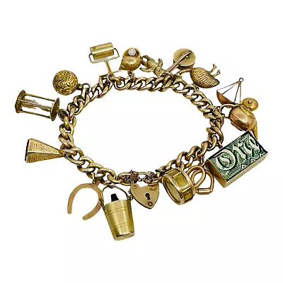 Vintage 9k & 14k Yellow Gold Charm Bracelet W/ Heat Shaped Lock Clasp & 15 Charm • $3489.97