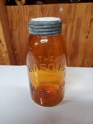 The  Masons  Improved  Amber Half Gallon Fruit Jar Milk Glass Insert • $175