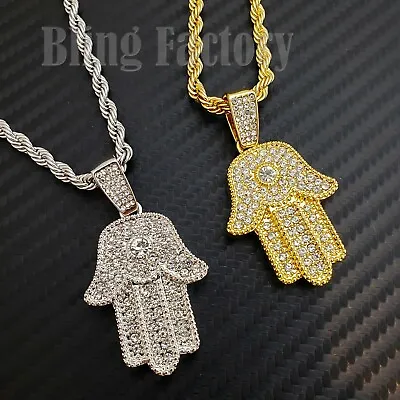 Hip Hop Iced Hamsa Hand Cubic Zirconia Pendant & 24  Rope Chain Fashion Necklace • $12.99