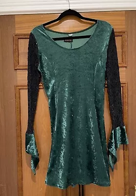 Swirling Dervish Emerald Green Velvet And Black Lace Dress One Size Pre-owned • £10