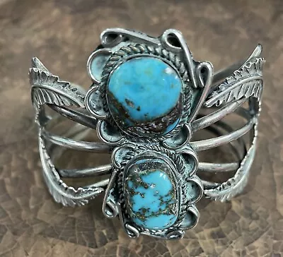 OLD PAWN Vintage NAVAJO Natural TURQUOISE 2 Stone Sterling Cuff Bracelet 43 Gr • $225