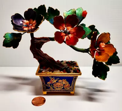 Vintage Cloisonne Carved Coral Flower Centers Leaf Bonsai Tree Genuine Gemstones • $48.75