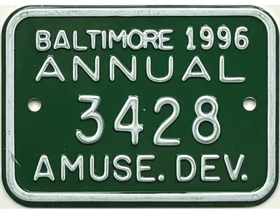*BARGAIN BIN*  1996 Baltimore Maryland AMUSEMENT DEV License Plate #3428 • $9.99