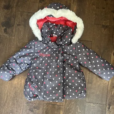 Girls Disney Baby 2T Coat Minnie Mouse Puffer Jacket Fur Lined Hoodie • $17.99