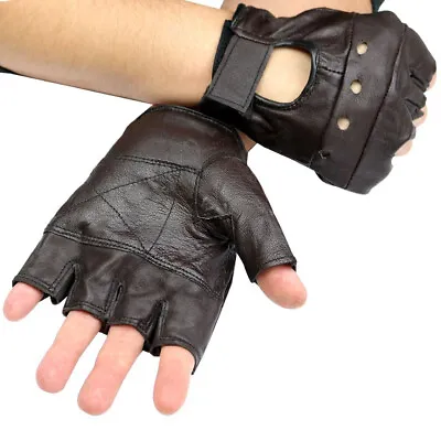 MENS BROWN LEATHER FINGER LESS DRIVING MOTORCYCLE BIKER GLOVES Work Out Exercise • $7.95