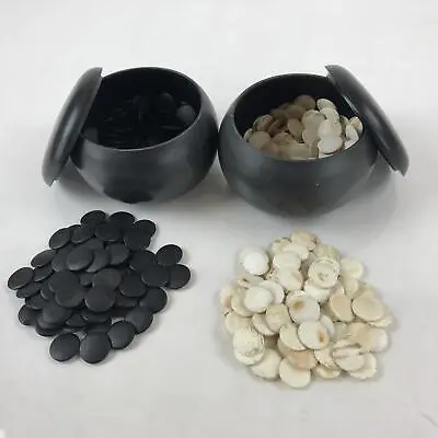 Japanese Go Stone Goishi Game Pieces Vtg Black Plastic Bowls Shell Stone GO85 • $97.46
