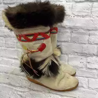 Vintage Womens Tecnica Fur Apres Ski Boots Size 38 US 7.5-8 White Goat Aztec • $67.46