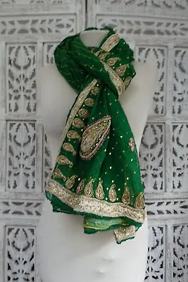 Emerald Green Silk Chiffon Vintage Dupatta Chunni Shawl SKU19158 • £42.99