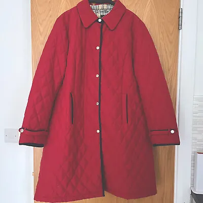 DAVID BARRY Red Long Quilted Coat Jacket UK 16 Check Trim Pockets VGC • £14