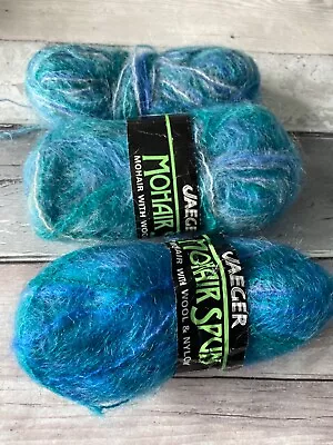 Mohair 67% Wool 28% Yarn JAEGER British Wool Vintage 3x25g Blue & Green Fluffy • £12.50