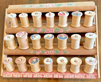 Vintage Wooden Pivoting Thread Caddy With 21 Wooden Spools - American Kleeton Co • $24.99
