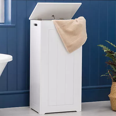 White Laundry Box Wooden Bathroom Storage Basket Linen Clothes Cabinet Christow • £54.99