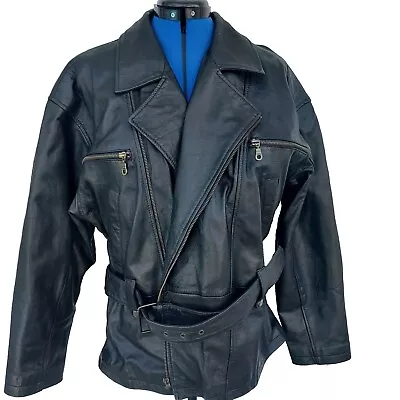 Boutique Europa Vintage Womans Leather Jacket Belted Size 14 Black Motorcycle  • $29.99