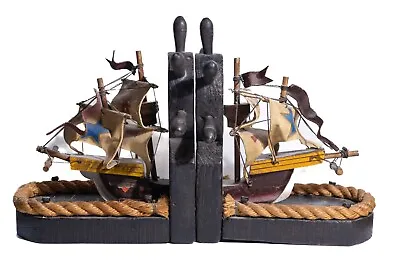 Vintage Hade Nautical Wooden Ship With Helm Bookends Handmade In Taiwan • $24.99