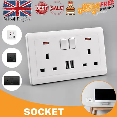 Double/ 2 Gang Wall Socket 13A With 2 USB Charger Ports Plug Switched Socket • £5.79