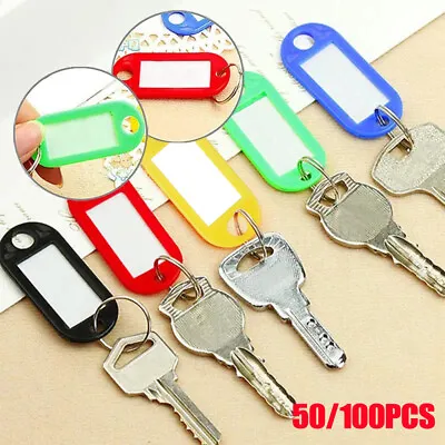 50/100x Coloured Plastic Key Fobs Luggage ID Tags Labels Key Rings W/ Name Cards • £5.22