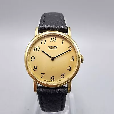 VTG Seiko Watch Men Gold Tone Gold Dial 22mm Round 1400-0049 New Battery • $24.99