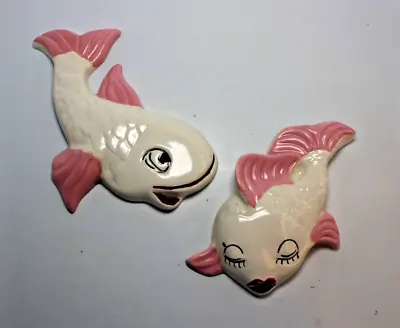 Pair Of Vintage MCM Ceramic Fish Wall Hanging Pink & White Handmade Signed Lot 2 • $38
