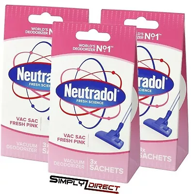 3x Neutradol Fresh Pink Vac Sac Deodorizer 3 Sachets Vacuum Hoover Air Freshener • £8.50