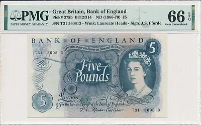 Bank Of England Great Britain  5 Pounds ND(1966-70)  PMG  66EPQ • $135
