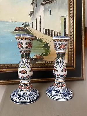 Vintage Pair Of Delft Hand Painted Colorful Floral Candle Holder 6024 • $145