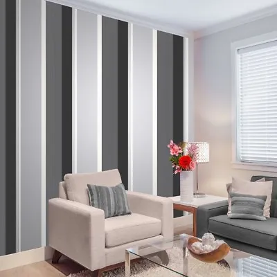 Stripe Wallpaper Bold Charcoal Grey Black White Silver Luxury Modern • £13.49