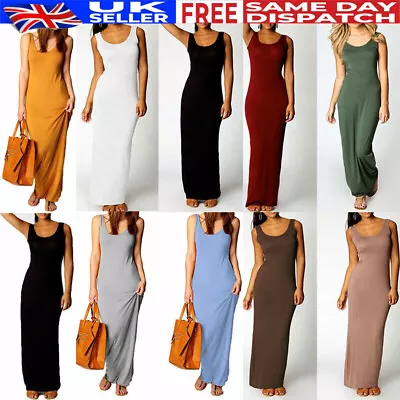 Women's Long Maxi Dress Ladies Plain Racer Muscle Back Vest Stretch Jersey 8-26 • £14.89