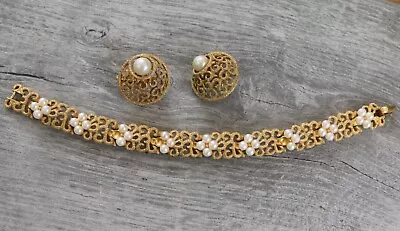 Vintage Crown Trifari Filigree Faux Pearl Gold Tone Earrings & Bracelet Set • $78