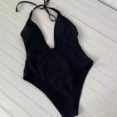 Zaful Black Plunged Neck Halter High Cut One Piece Swimsuit Size 4 • £23.14