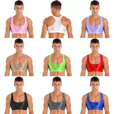 Men Glossy Racerback Muscle Crop Top Vest Gym Workout Running Athletic Tee Shirt • $7.64