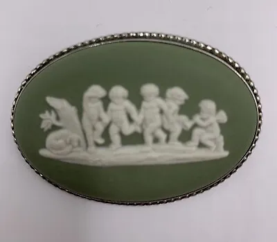 Vintage Wedgwood & Silver Green Jasperware Brooch Dated 1978 Dog And Cherubs • $25