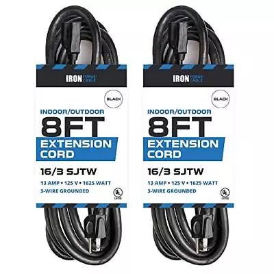 2 Pack Of 8 Ft Outdoor Extension Cords - 16/3 Durable Black Extension Cord Pack • $19.99