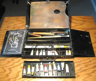 Vintage Artist Oil Paint Set Palette Brushes In Small Metal Case. Grumbacher? • $65