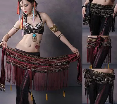 Tribal Belly Dance Hip Scarf Skirt Wrap Velvet Waist Chain Waistband Belts • £14.38