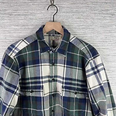 VINTAGE LL Bean Shirt Mens Large Green Plaid Button Up 90s Chamois Cloth USA • $25.99