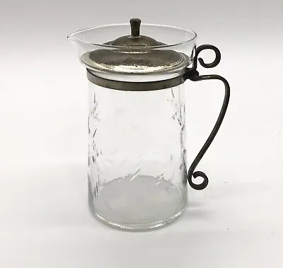 Vtg 4.5” Floral Etched Glass Creamer Carafe Dispenser Silver Metal Lid & Handle • $14.95