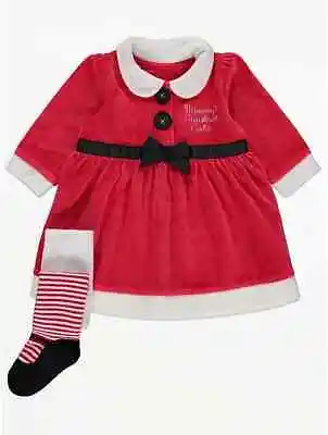 Baby Girls Christmas Dress Tights  Outfit GEORGE Velour Santa Long Sleeve 9-12 M • £6.99