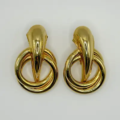 Vintage Massive 80s Gold Tone Couture Pinup Puffy Abstract Hoop Clip On Earrings • £16.88