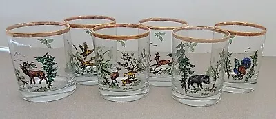 Set Of 6 Vintage Wild Game Lowball Rocks Glasses - Gold Rimmed - Deer Elk More • $12